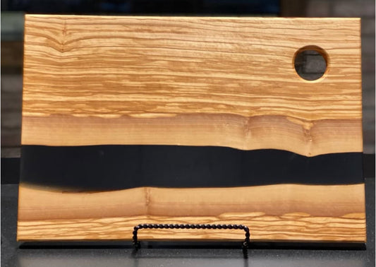 Olivewood charcuterie board with matte black epoxy
