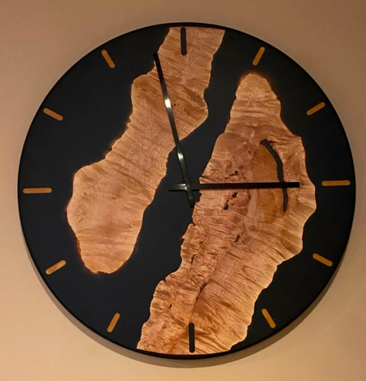 Maple Burl clock with black epoxy